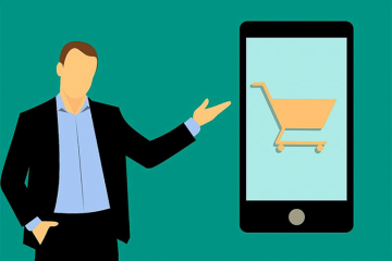 Cartoon man shopping with mobile phone