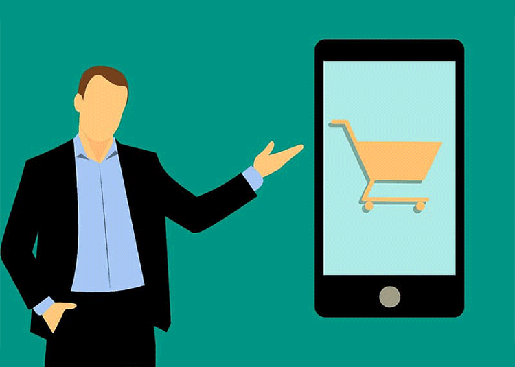 Cartoon man shopping with mobile phone