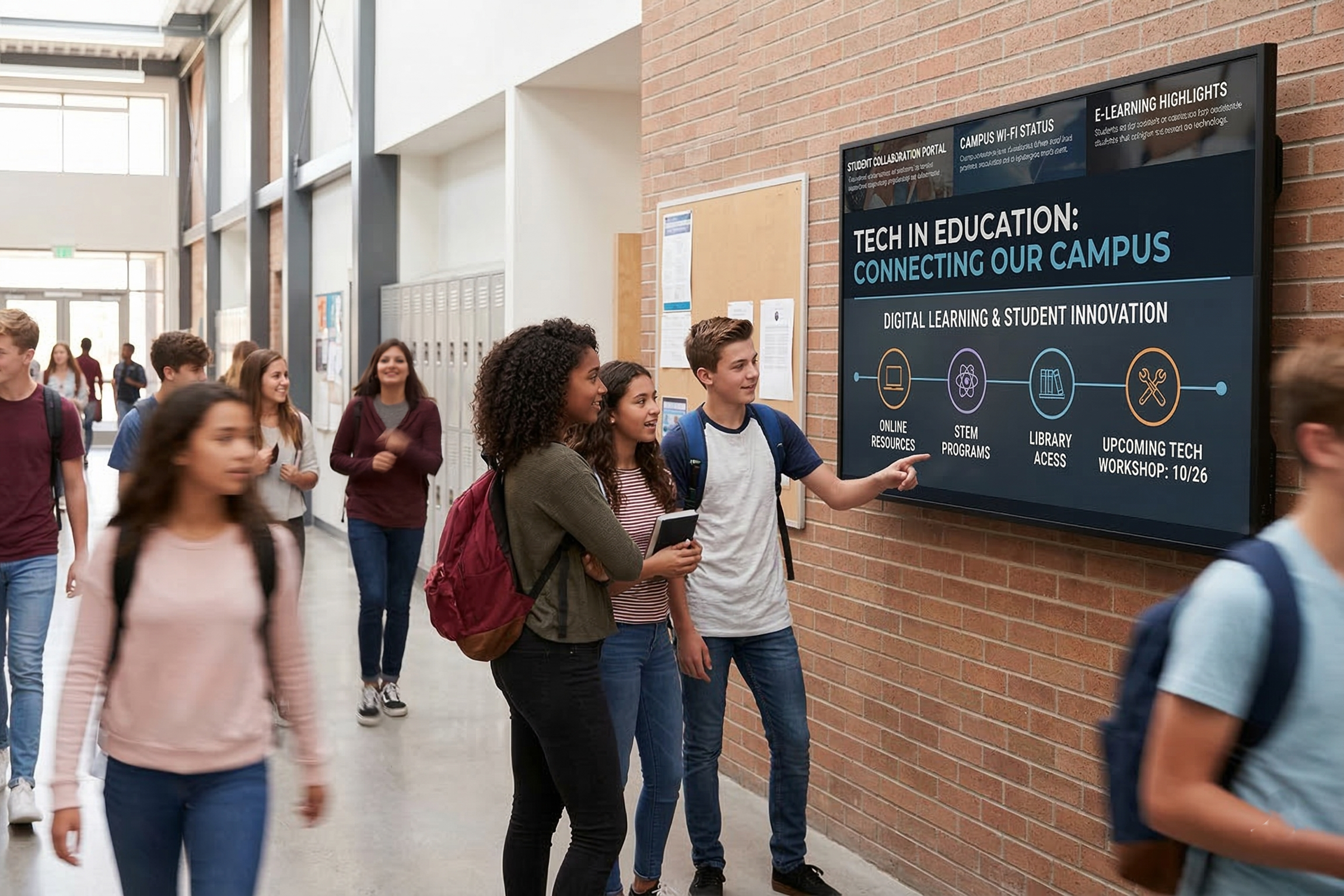 Interactive digital display screens at a university campus showing maps, events, and touchscreen information for visitors and students