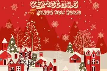 Wishing you a Merry Christmas on red background amidst quaint village