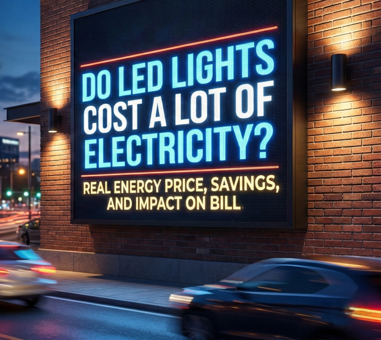 Outdoor LED billboard on a brick building displaying a message about LED electricity cost along a busy urban street at night