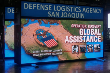 LED display for a government agency in San Joaquin California showing operational messaging and visual content on a large screen