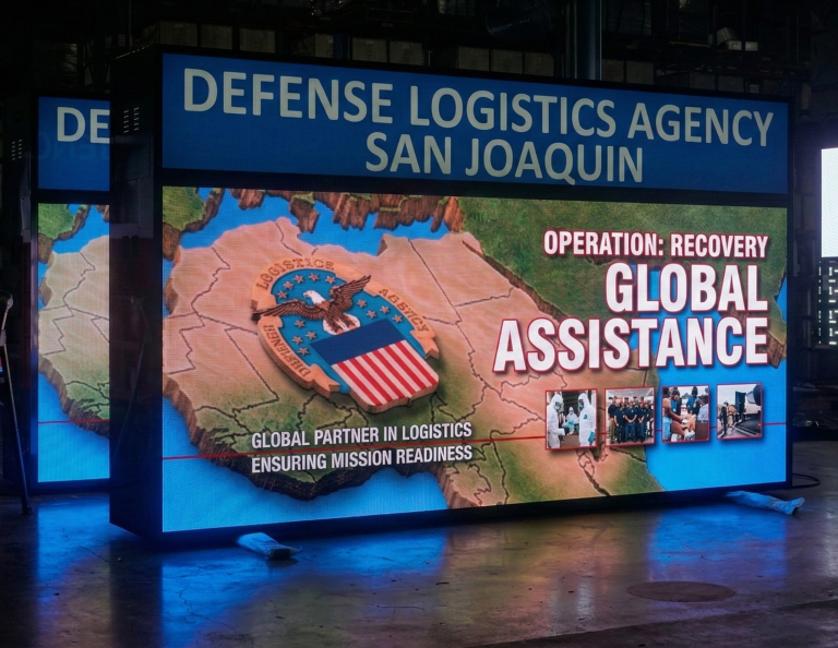 LED display for a government agency in San Joaquin California showing operational messaging and visual content on a large screen