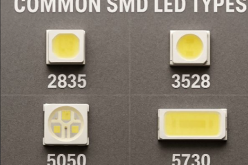 Comparison chart of common SMD LED types including 2835, 3528, 5050, and 5730 used in LED display technology