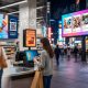 Retail digital signage displays in a store showing promotions, QR codes, and interactive customer engagement screens