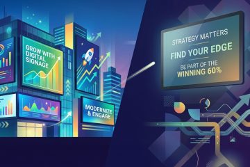 Digital signage marketing graphic showing business growth, advertising displays, and data-driven content strategies for modern businesses