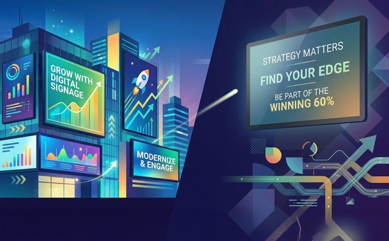 Digital signage marketing graphic showing business growth, advertising displays, and data-driven content strategies for modern businesses
