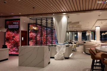 Indoor LED video wall in a restaurant setting displaying decorative digital visuals to enhance guest experience and ambiance