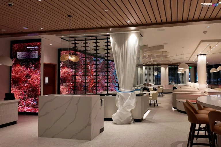 Indoor LED video wall in a restaurant setting displaying decorative digital visuals to enhance guest experience and ambiance
