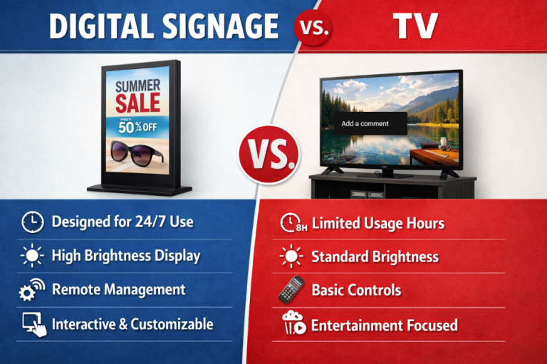 Comparison graphic showing differences between digital signage and TV displays including brightness, usage, and business features