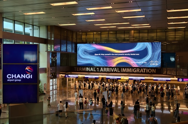 Large LED display at Changi Airport Singapore showing digital advertising above terminal arrivals area