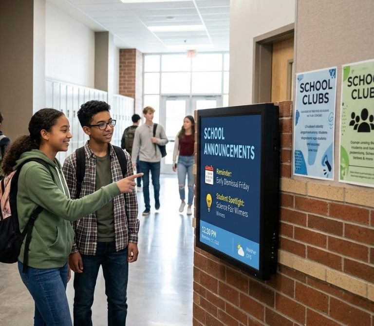 Digital signage display in a school hallway showing announcements and student information for daily updates