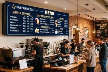 Digital menu board in a coffee shop displaying food and beverage options above the counter for customers