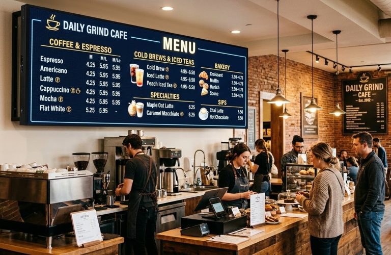 Digital menu board in a coffee shop displaying food and beverage options above the counter for customers