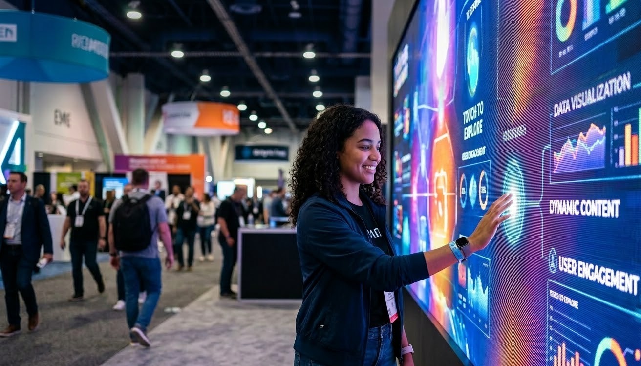 Interactive LED display wall at a trade show allowing users to explore data visualization and dynamic digital content